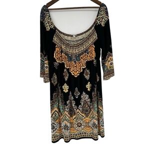 Boston Proper Dress 12 Boho Swing 3/4 Sleeve Scoop Neck festival smocked